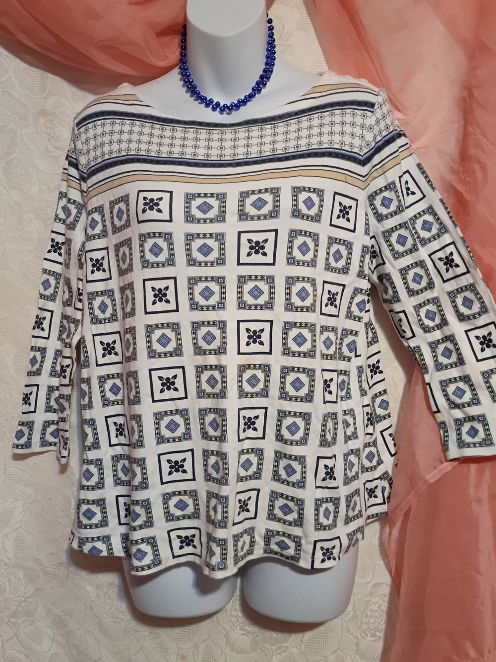 Charter Club Ladies Cream & Blue Geometric Boatneck Blouse Sz LP